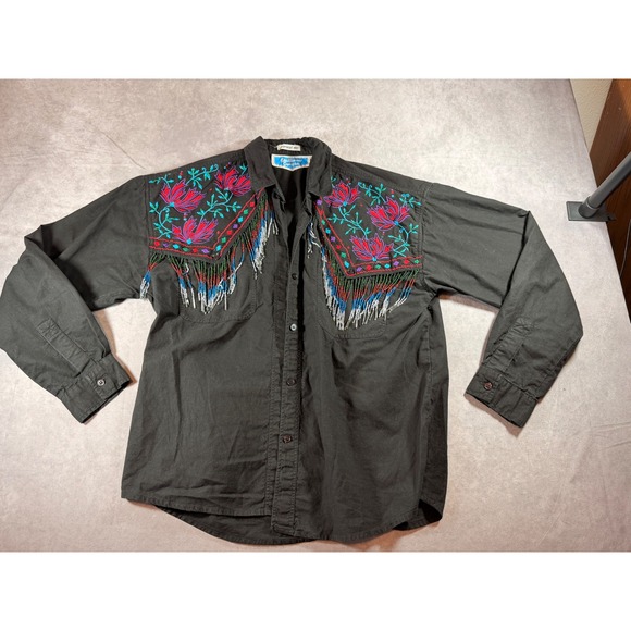 Southwest Canyon Tops - Southwest Canyon Vintage 1993 Beaded Fringe Embroidered Western Shirt Black M